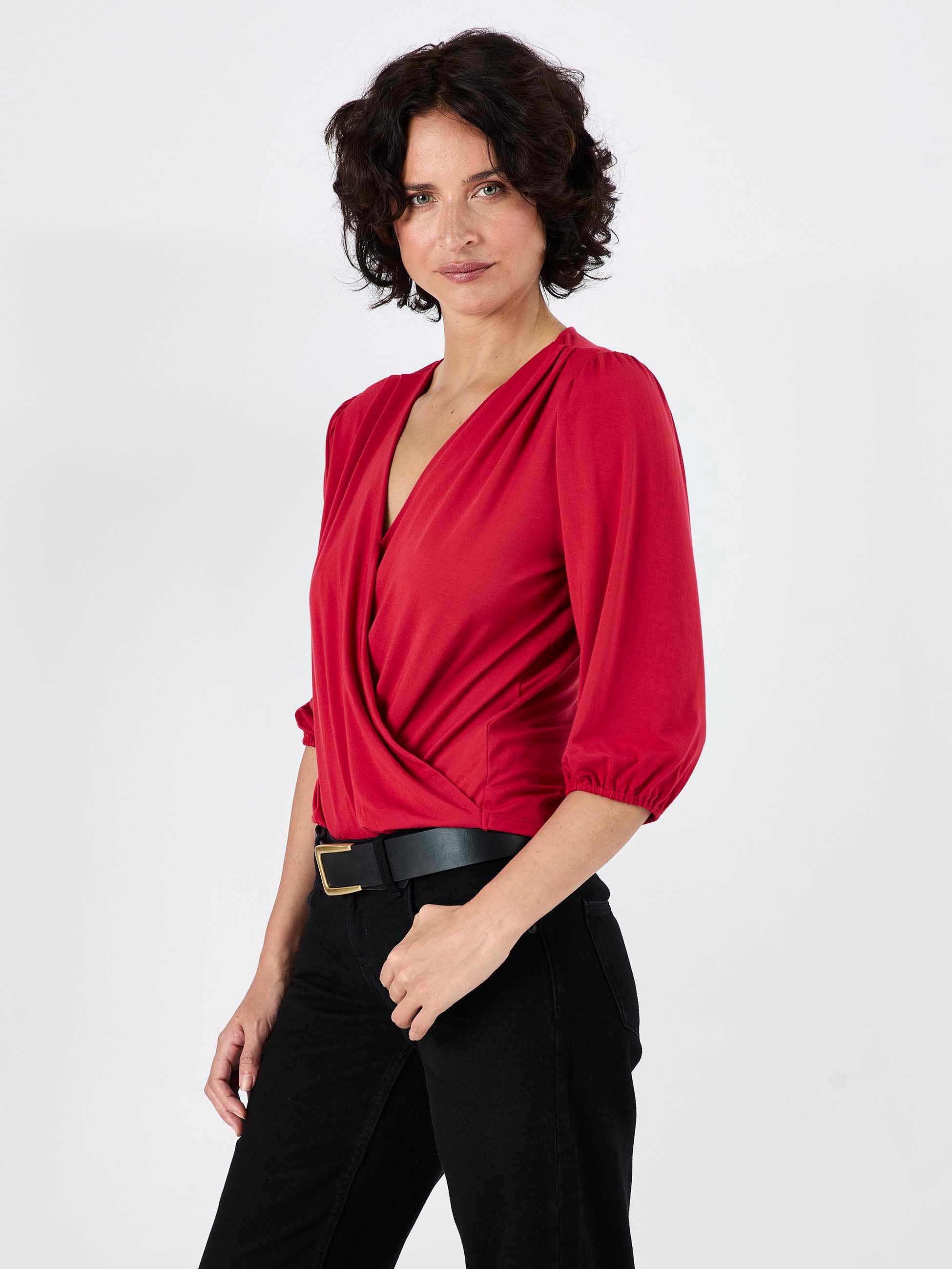 Athena 7/8 Sleeve Drape Top - Cherry - Image 2