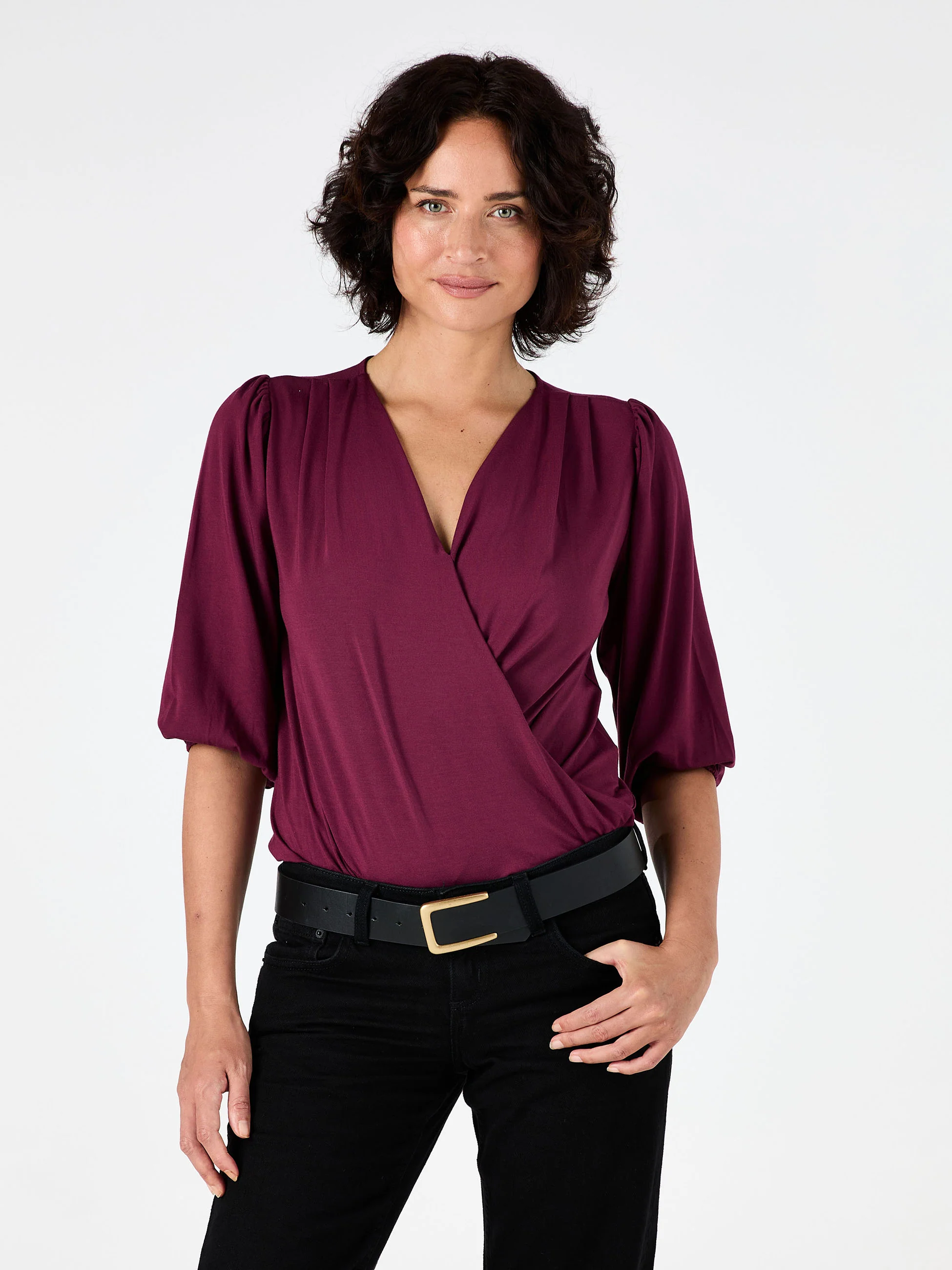 Athena 7/8 Sleeve Drape Top - Ruby