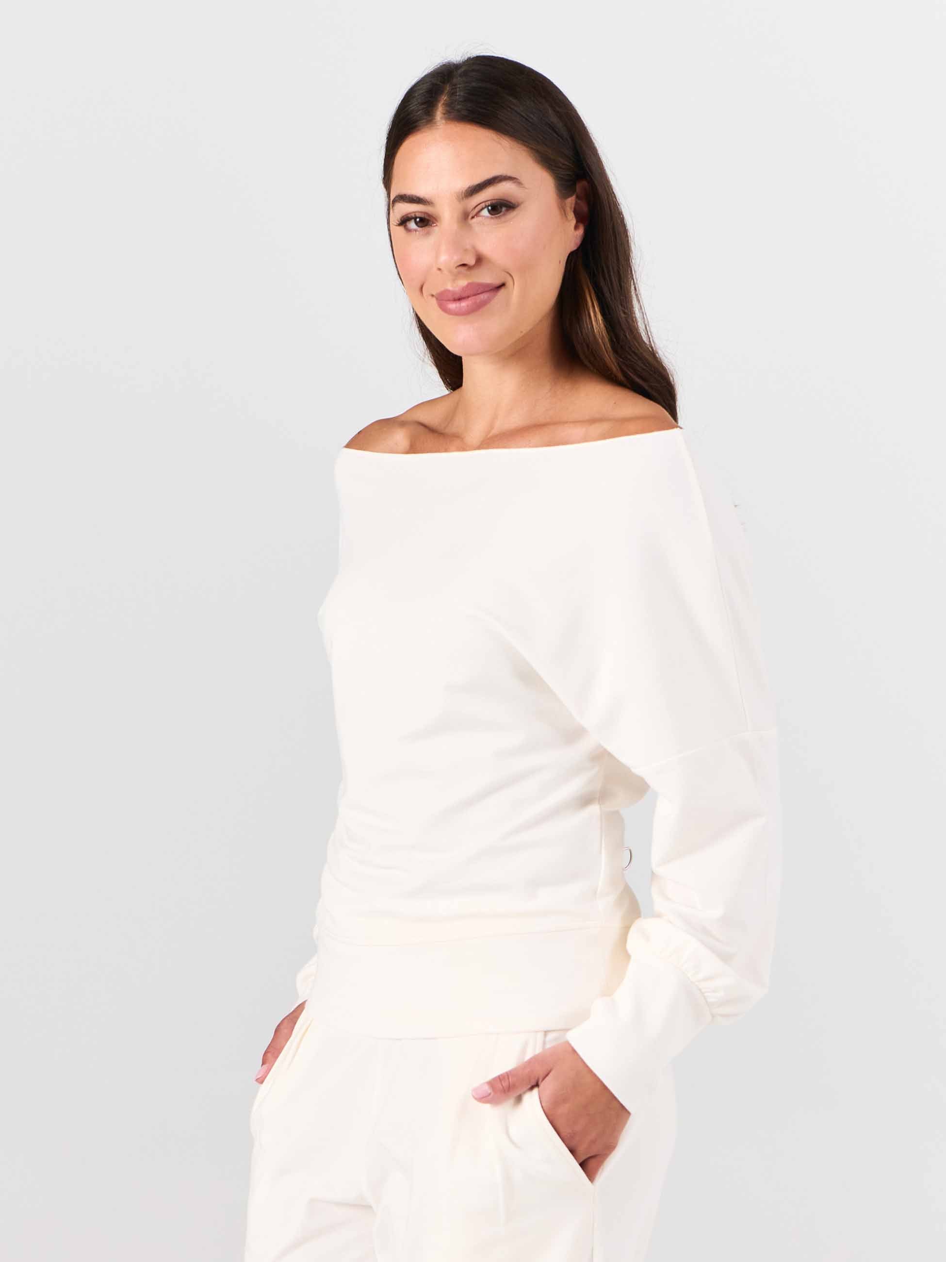 French Terry Off Shoulder Sweatshirt - Soft White - Image 3