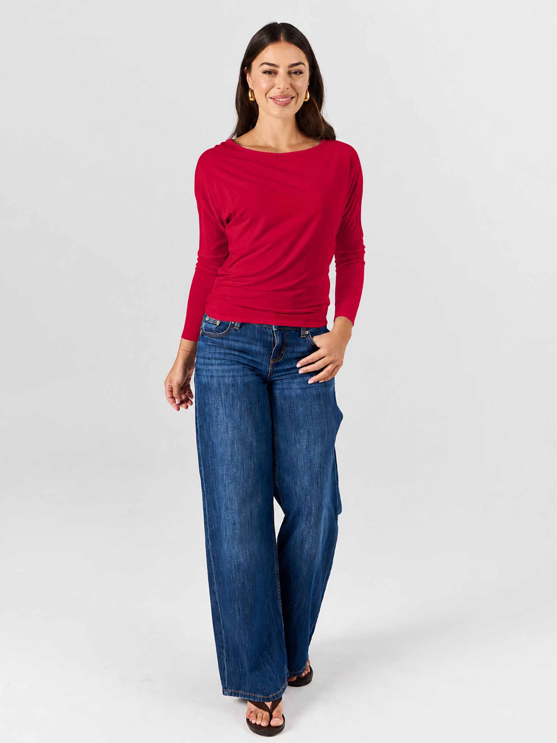 Modal Long Sleeve Off Shoulder Top - Cherry - Image 3