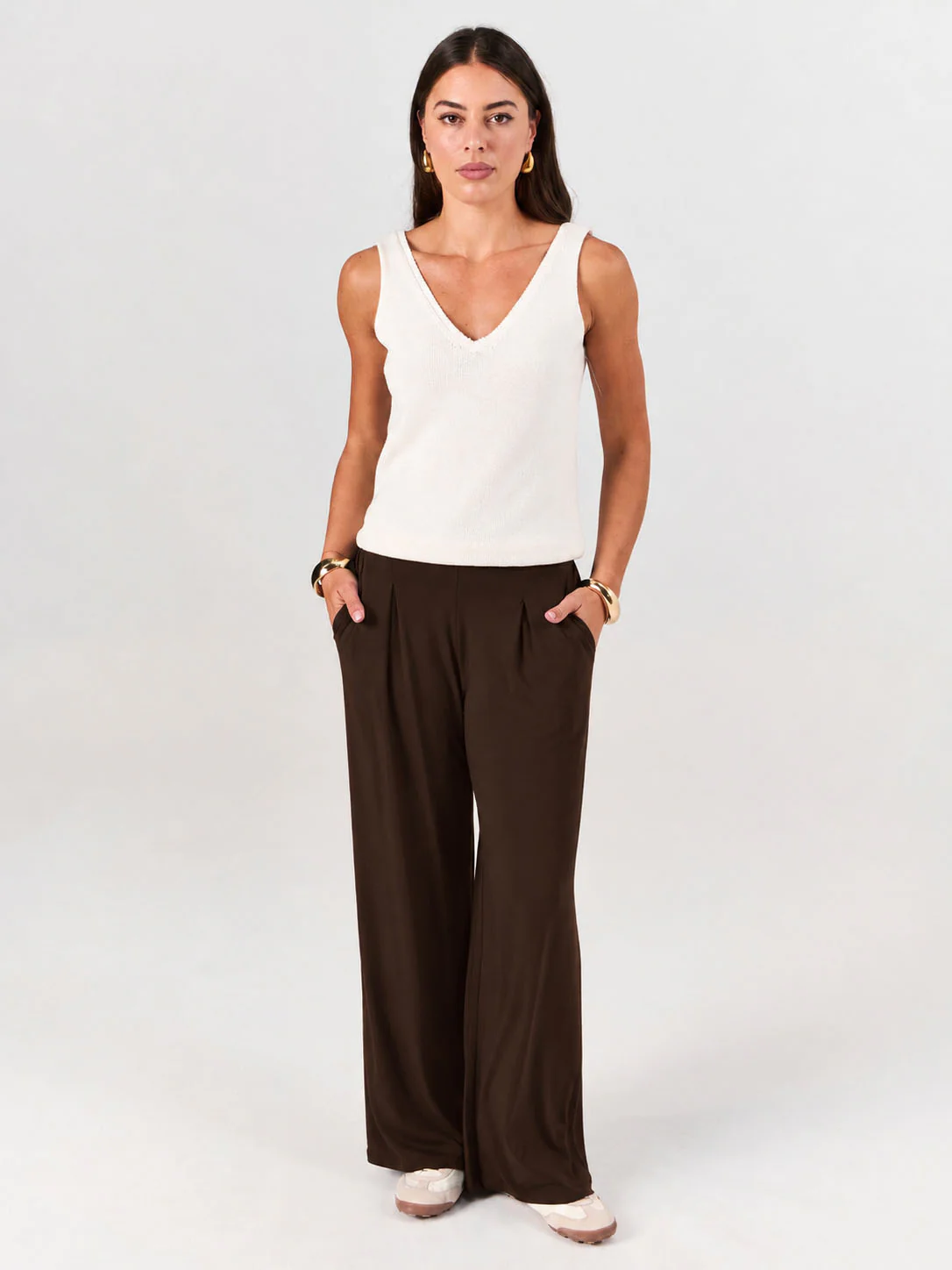 Pleat Front Wide Leg Pants - Coffee Bean