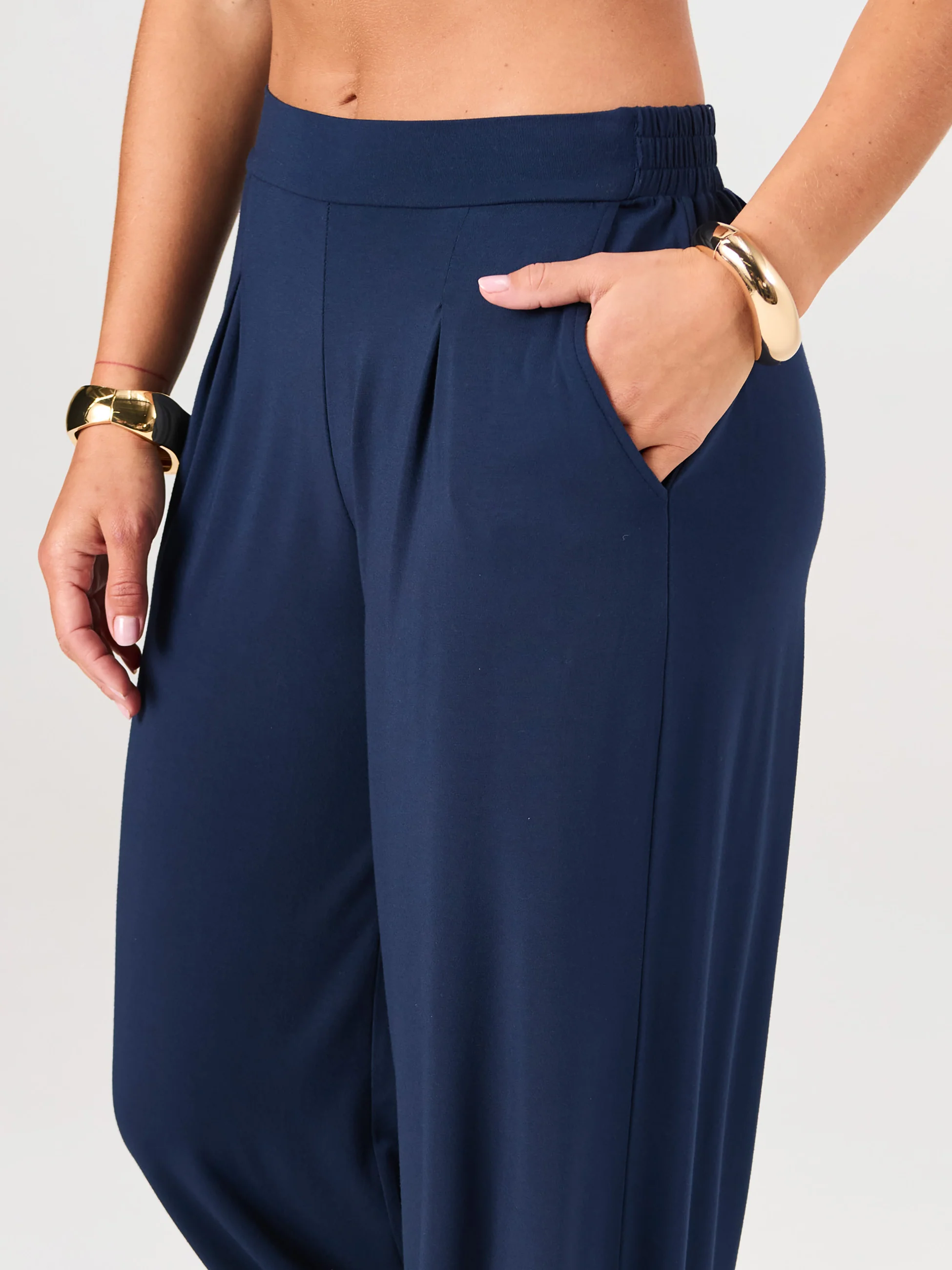 Pleat Front Wide Leg Pants - Navy - Image 5